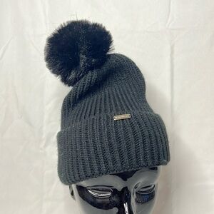 Steve Madden Women's Wide Cuff Ribbed Knit Faux Fur Pom Black Beanie‎